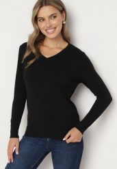 Czarny Sweter o Prostym Kroju z Dekoltem w Serek Sinoriel. Czarne swetry damskie Born2be, m, z aplikacjami, z jeansu, bez kołnierzyka, bez ramiączek, bez kaptura. Za 44.99 zł.