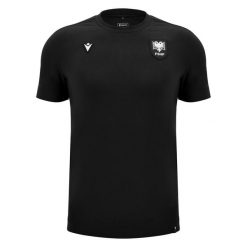 Koszulka Albańska Travel 2024/25. Czarne koszulki sportowe męskie Macron, bez wzorów, bez kołnierzyka, bez ramiączek, do piłki nożnej. Za 224.50 zł.