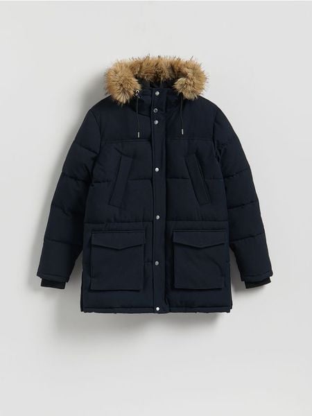 Pikowana parka z kapturem - granatowy. Niebieskie parki męskie Reserved, l, bez wzorów, z tkaniny, z kapturem. Za 459.99 zł.