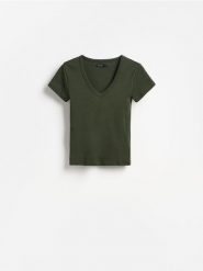 T-shirt z bawełną - ciemnozielony. Zielone t-shirty damskie Reserved, l, bez wzorów, z bawełny, bez kołnierzyka. Za 49.99 zł.