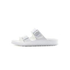 Klapki damskie Birkenstock Arizona Eva. Białe klapki damskie Birkenstock, bez wzorów, z materiału, bez obcasa. Za 335.00 zł.