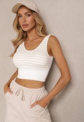 Biało-Beżowy Tank Top z Prążkowanego Materiału w Print w Paski Sesarila. Brązowe bluzki damskie Renee, s, bez wzorów, z jeansu, eleganckie, bez kołnierzyka, bez ramiączek. Za 24.99 zł.