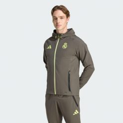Kurtka Real Madrid Tiro 25 Competition Vis Tech Travel Jacket. Szare kurtki sportowe męskie Adidas, xl, bez wzorów, z dresówki, do piłki nożnej. Za 399.00 zł.