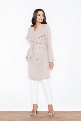 Beżowy Elegancki Płaszcz Oversize Przewiązany Paskiem. Brązowe kurtki damskie Figl, xl, bez wzorów, z materiału, bez kaptura. Za 389.00 zł.