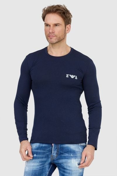 EMPORIO ARMANI Granatowy longsleeve męski z szarym logo, Rozmiar L. Niebieskie bluzki z długim rękawem męskie Emporio Armani, l, bez wzorów, prążkowane, bez kołnierzyka. W wyprzedaży za 199.99 zł.