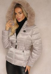 Szara Kurtka z Pikowanym Przeszyciem Kapturem z Futerkiem i Marszczonym Paskiem Ravasinna. Szare kurtki damskie Renee, na zimę, xl, bez wzorów, z materiału. Za 219.99 zł.