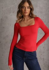 Czerwona Bluzka z Elastycznego Materiału o Kwadratowym Dekolcie z Wiskozą Nemosa. Czerwone koszule damskie Renee, l, bez wzorów, z jeansu, bez kołnierzyka, bez ramiączek. Za 79.99 zł.