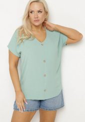 Jasnozielona Bluzka Ozdobiona Guziczkami z Przodu Mepiana. Zielone bluzki damskie Born2be, xl, bez wzorów, z jeansu, eleganckie, bez kołnierzyka, bez ramiączek. Za 44.99 zł.