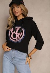 Czarna Bluza z Kapturem Ozdobnym Nadrukiem i Rękawami 3/4 Saniressa. Czarne bluzy damskie Renee, l, bez wzorów, z jeansu, z kapturem. Za 74.99 zł.