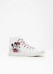 Wysokie sneakersy z Myszką Miki Disneya z bawełnianego płótna. Białe obuwie sportowe damskie bonprix, bez wzorów, z bawełny. Za 149.99 zł.