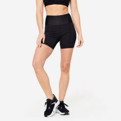 Spodenki fitness cardio damskie Domyos. Czarne szorty sportowe damskie DOMYOS, l, bez wzorów, z materiału, sportowe, z podwyższonym stanem, na fitness i siłownię. W wyprzedaży za 39.99 zł.