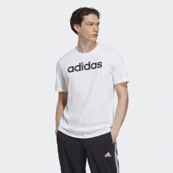 Essentials Single Jersey Linear Embroidered Logo Tee. Białe buty sportowe męskie Adidas, l, bez wzorów, z jersey, bez kołnierzyka, bez ramiączek, na fitness i siłownię. Za 95.00 zł.