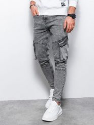 Jeansowe spodnie cargo SLIM FIT z efektem wybielania – szare V1 - Rozmiar: L. Szare spodnie materiałowe męskie Ombre Clothing, l, z aplikacjami, z bawełny, klasyczne. W wyprzedaży za 89.99 zł.