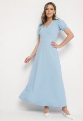 Niebieska Sukienka Rozkloszowana z Trójkątnym Dekoltem Efralinae. Niebieskie sukienki damskie Born2be, na imprezę, na lato, l, bez wzorów, eleganckie, bez kołnierzyka, bez ramiączek, maxi, rozkloszowane. Za 159.99 zł.