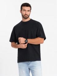 Bawełniany męski t-shirt LOOSE FIT z okrągłym dekoltem – czarny V1 OM-TSBC-0234 - XL. Czarne t-shirty męskie Ombre Clothing, l, bez wzorów, z bawełny, casualowe, bez kołnierzyka. Za 77.99 zł.