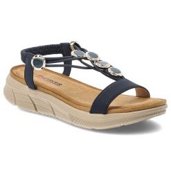 Sandały damskie Artiker, cholewka ze skóry ekologicznej cienkie paski z przodu elastyczny pasek na pięcie ozdobne metalowe detale, granatowe, 58C0005. Niebieskie klapki damskie Artiker, bez wzorów, ze skóry ekologicznej, eleganckie. Za 169.00 zł.