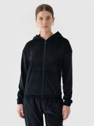 4F Bluza dresowa z weluru rozpinana z kapturem damska - czarna XS. Czarne bluzy damskie 4f, xs, bez wzorów, z dresówki, z kapturem. W wyprzedaży za 79.99 zł.