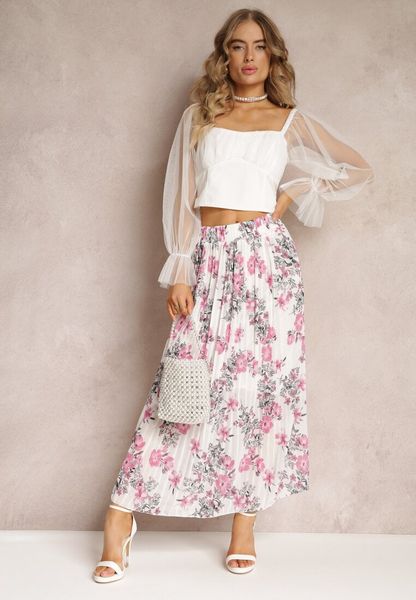 Biała Spódnica Ozdobiona Plisami z Gumką w Pasie i Elastyczną Podszewką Vislo. Białe spódnice damskie Renee, na lato, bez wzorów, boho, maxi, rozkloszowane. Za 69.99 zł.