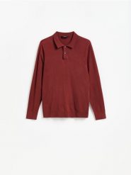 Wiskozowy sweter polo - bordowy. Czerwone swetry przez głowę męskie Reserved, l, bez wzorów, z dzianiny, bez kołnierzyka. Za 119.99 zł.