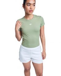 Koszulka z krótkim rękawem damska RISE & VIBE. Zielone koszulki sportowe damskie Roxy, xs, bez wzorów, z elastanu, bez kołnierzyka, bez ramiączek. Za 118.99 zł.