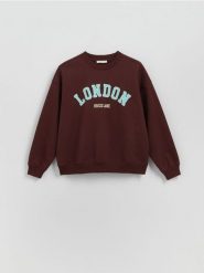 Bluza z nadrukiem - ciemnobrązowy. Brązowe bluzy damskie Reserved, l, bez wzorów, z bawełny, bez kaptura. W wyprzedaży za 59.99 zł.