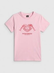 4F T-shirt regular z nadrukiem damski - różowy XS. Czerwone t-shirty damskie 4f, xs, bez wzorów, z bawełny, klasyczne, bez kołnierzyka. Za 59.99 zł.