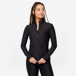 Bluza na zamek damska Domyos fitness. Czarne bluzy damskie DOMYOS, s, bez wzorów, z materiału, bez kaptura, na fitness i siłownię. Za 89.99 zł.