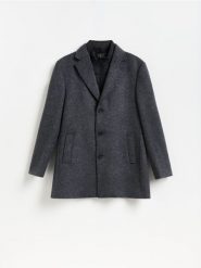 Płaszcz z wełną - ciemnoszary. Szare płaszcze męskie Reserved, l, bez wzorów, z tkaniny, bez kaptura. Za 399.99 zł.