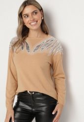 Ciemnobeżowy Sweter z Wiskozą Cekinami i Koralikami Nevalanna. Brązowe swetry damskie Born2be, m, bez wzorów, z jeansu, klasyczne, bez kołnierzyka, bez ramiączek, bez kaptura. Za 84.99 zł.
