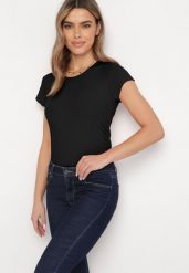 Czarny Dopasowany T-shirt Prążkowany z Marszczeniami po Bokach Minervia. Czarne bluzki damskie Born2be, m, bez wzorów, prążkowane, bez kołnierzyka. Za 34.99 zł.