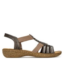 Sandały Rieker. Szare sandały damskie Rieker, bez wzorów, bez obcasa, na płaskiej podeszwie, bez zapięcia. Za 299.99 zł.