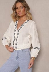 Beżowa Koszula z Wiskozą z Dekoltem V Zdobiona Haftem z Motywem Kwiatowym Gonarrae. Brązowe bluzki damskie Renee, l, z aplikacjami, z jeansu, eleganckie, bez kołnierzyka, bez ramiączek. Za 84.99 zł.