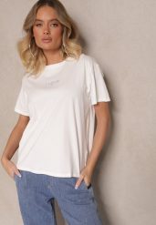 Biały Bawełniany T-shirt z Napisem Marivetha. Białe bluzki damskie Renee, m, bez wzorów, z bawełny, eleganckie, bez kołnierzyka. Za 29.99 zł.