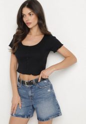 Czarny Bawełniany T-shirt o Dopasowanym Kroju z Guzikami Filareina. Czarne bluzki damskie Born2be, l, bez wzorów, z bawełny, eleganckie, bez kołnierzyka. Za 34.99 zł.
