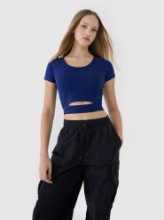 4F T-shirt crop top gładki damski - granatowy S. Niebieskie koszulki sportowe damskie 4f, s, bez wzorów, z bawełny, sportowe, bez kołnierzyka. W wyprzedaży za 19.99 zł.