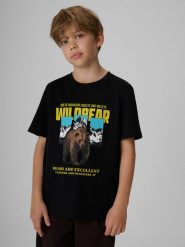 4F T-shirt regular z nadrukiem chłopięcy - czarny 122 (6-7 lat). Czarne t-shirty dla chłopców 4f, bez wzorów, z bawełny, bez ramiączek. Za 49.99 zł.