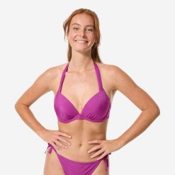 Góra kostiumu kąpielowego damska Decathlon Elena Folk. Fioletowe bikini damskie Decathlon, bez wzorów. Za 89.99 zł.