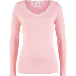 Shirt w prążek z dekoltem w serek z koronką bonprix pastelowy jasnoróżowy. Bluzki damskie bonprix. Za 24.99 zł.