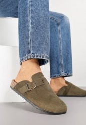Zielone Klapki Ozdobione Klamrą na Pasku Zelevelis. Zielone klapki damskie Renee, bez wzorów, z jeansu, eleganckie, bez obcasa, na obcasie. Za 69.99 zł.