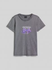4F T-shirt regular z nadrukiem damski - szary L. Szare koszulki sportowe damskie 4f, l, bez wzorów, z bawełny, bez kołnierzyka, bez ramiączek. Za 79.99 zł.