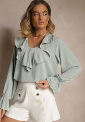Jasnozielona Bluzka Ozdobiona Falbanką Tananissa. Zielone t-shirty i topy dla dziewczynek Renee, bez wzorów, bez ramiączek. Za 59.99 zł.