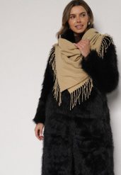 Beżowy Trójkątny Szalik Zdobiony Frędzlami Vetifara. Brązowe szaliki i chusty damskie Born2be, na zimę, z aplikacjami, z jeansu, eleganckie. Za 34.99 zł.