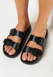 Czarne Klapki na Grubej Podeszwie z Klamrami Ianoze. Czarne klapki damskie Born2be, bez wzorów, bez obcasa, na płaskiej podeszwie. Za 24.99 zł.