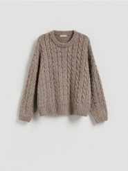 Sweter z warkoczowym splotem - brązowy. Brązowe swetry damskie Reserved, l, bez wzorów, z dzianiny, bez kołnierzyka, bez ramiączek, bez kaptura. Za 139.99 zł.