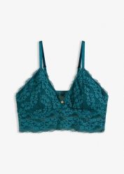 Biustonosz bustier bez fiszbinów, z kwiatową koronką. Czarne biustonosze bonprix, bez wzorów, z koronki. Za 77.99 zł.
