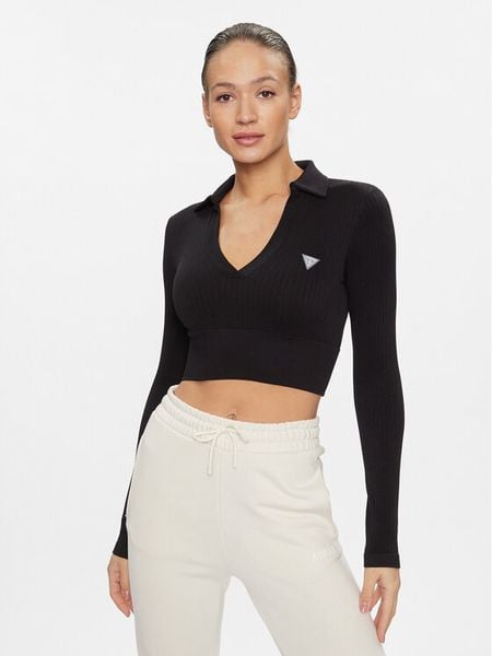 Guess Bluzka V4RP02 Z3CC0 Czarny Regular Fit. Czarne bluzki damskie Guess, l, z aplikacjami, z syntetyku, bez kołnierzyka, bez ramiączek. Za 139.99 zł.