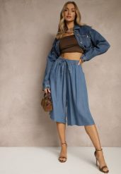 Niebieskie Szerokie Szorty Bermudy z Ozdobnym Wiązaniem Terpio. Niebieskie szorty damskie Renee, l, z aplikacjami, eleganckie. Za 39.99 zł.