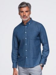 Męska bawełniana koszula z cienkiego jeansu we wzór– niebieska V2 - Rozmiar: M. Niebieskie koszule męskie Ombre Clothing, m, bez wzorów, z bawełny, biznesowe, bez kołnierzyka, bez ramiączek. W wyprzedaży za 142.49 zł.