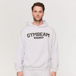 Bluza męska fitness z kapturem szara Varsity. Szare bluzy męskie GYMBEAM, m, bez wzorów, z bawełny, z kapturem, na fitness i siłownię. Za 139.90 zł.