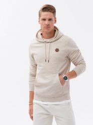 Bluza męska kangurka z kapturem - kremowa V1. Białe bluzy męskie Ombre Clothing, m, bez wzorów, z bawełny, z kapturem. W wyprzedaży za 79.99 zł.